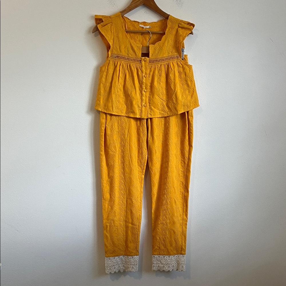 Tularosa Mustard Yellow Textured Jumpsuit with Lace Trim